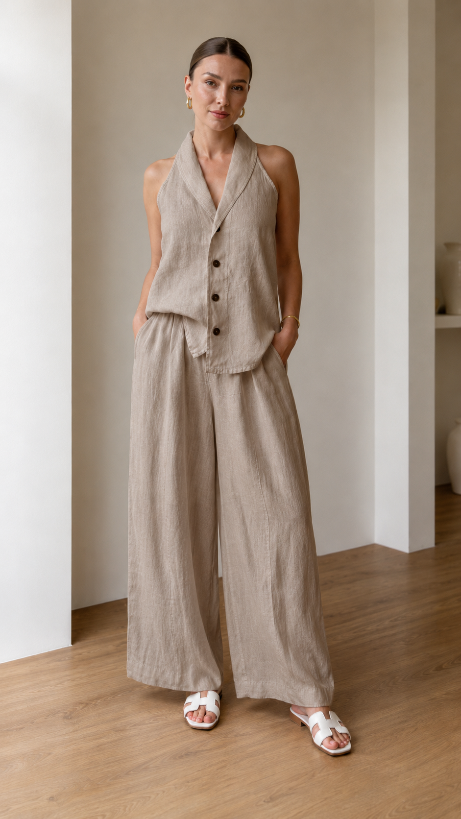 Taupe halter vest and wide leg pants matching set shown full length