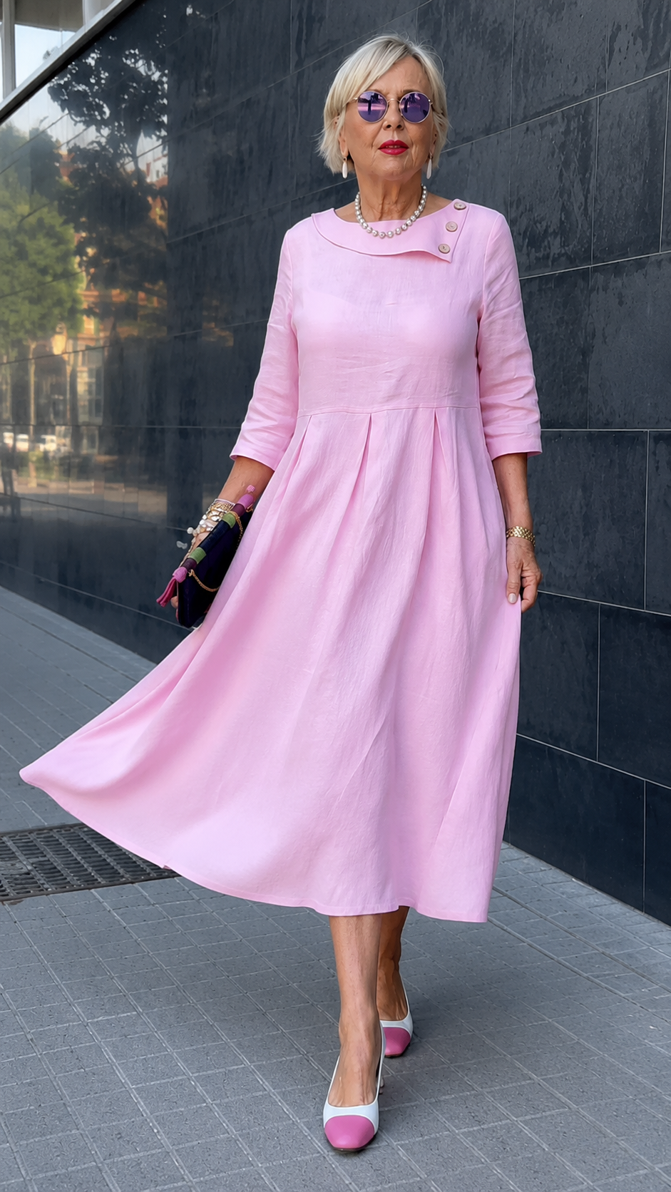 Movement shot of blush pink midi maxi dress showing flowing skirt and elegant drape