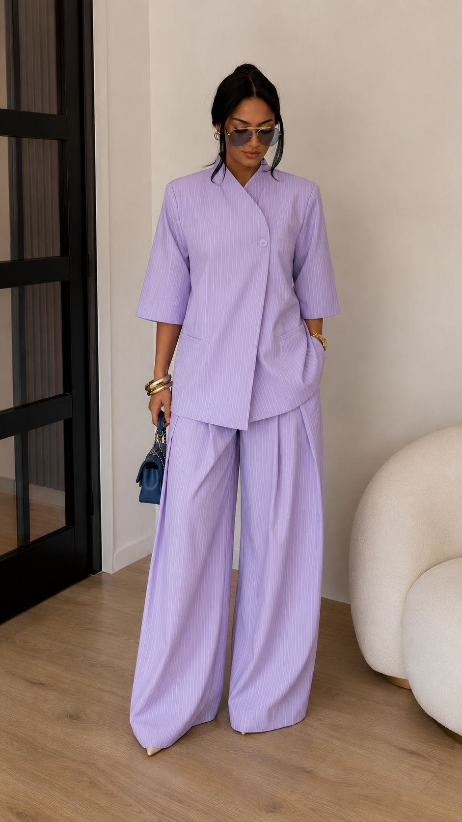 Front view of lavender wide-leg pants set with asymmetric front top