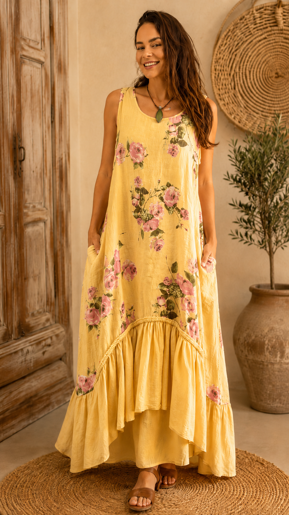 Front view of butter yellow floral sleeveless maxi dress with pockets