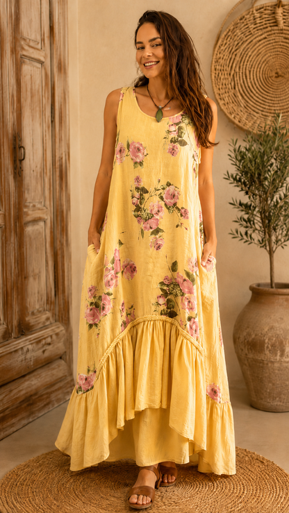 Front view of butter yellow floral sleeveless maxi dress with pockets