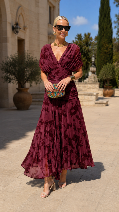 Front view of burgundy ruched V-neck pleated occasion dress