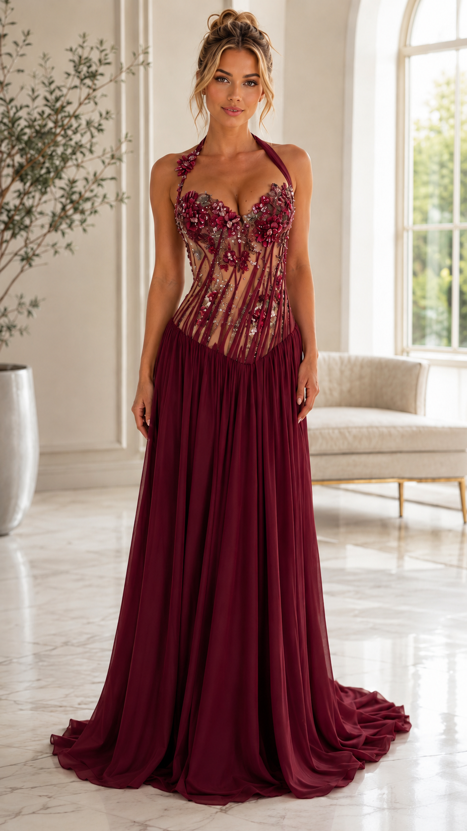 Front view of burgundy floral appliqué halter corset gown with flowing maxi skirt