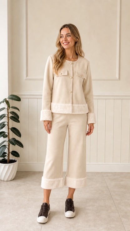 Front view of woman wearing cream beige faux fur trim jacket and cropped pants set