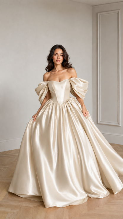 Front view of champagne off-shoulder puff sleeve satin-look ball gown