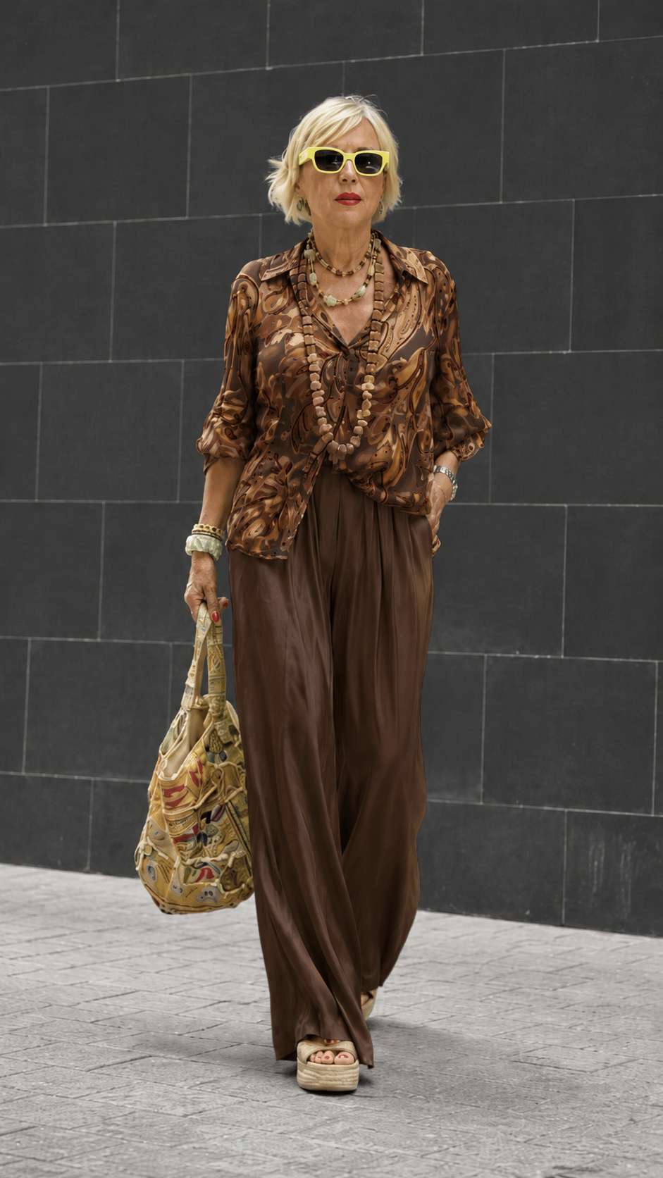 Front view of brown printed blouse with matching wide-leg pants set