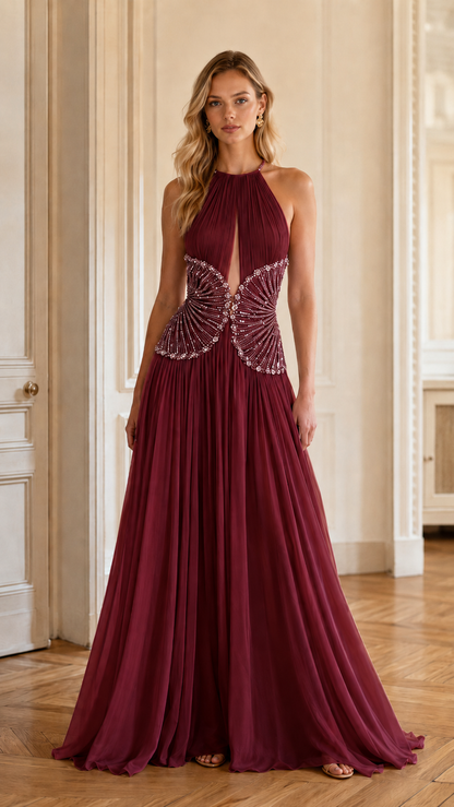 Front view of burgundy pleated halter evening gown with embellished waist