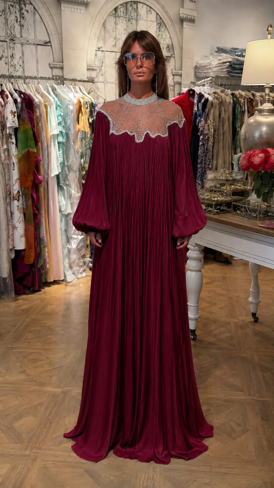 Front view of burgundy pleated maxi dress with beaded yoke and floor-length drape