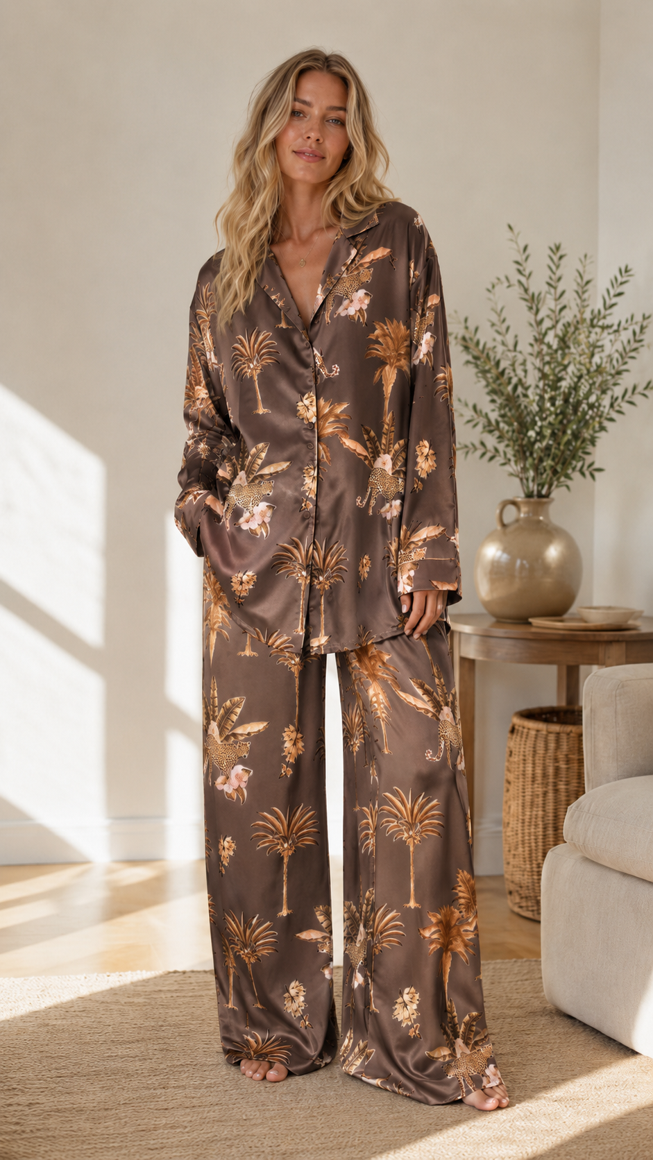 Woman wearing chocolate brown tropical print satin-look pajama set with button-front shirt