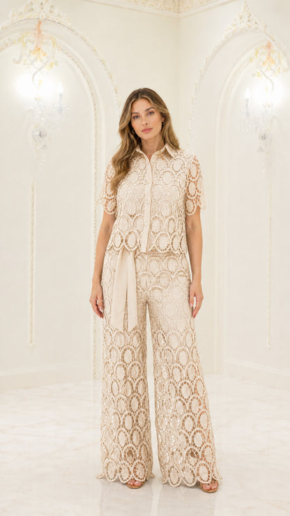 Champagne beige geometric lace collared shirt and matching flowy wide-leg trousers