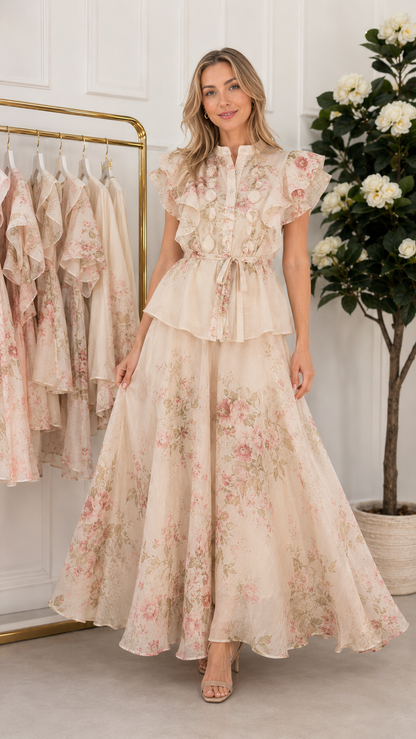 Front view of cream floral ruffle maxi dress with flutter sleeves and soft full silhouette
