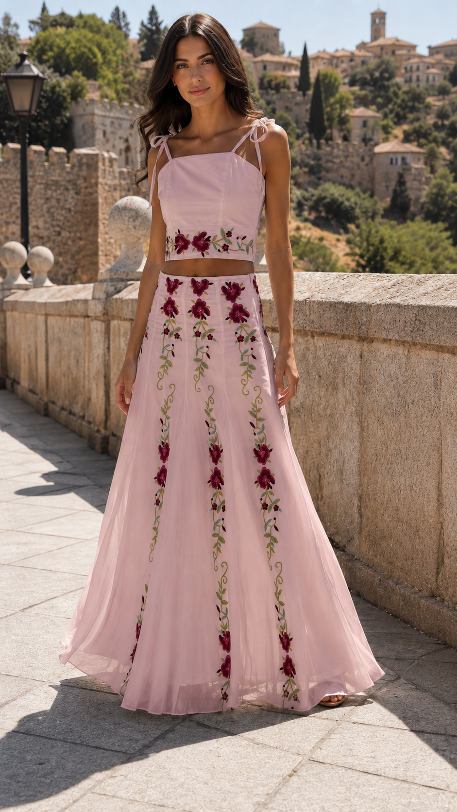 Model wearing a blush pink floral embroidered crop top and maxi skirt set