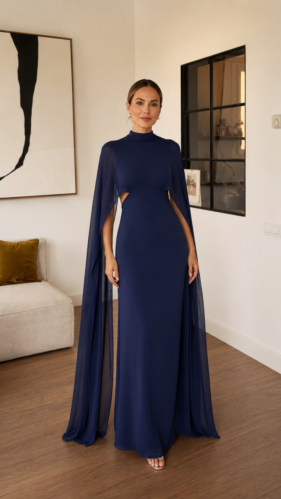 Front view of navy mock neck cape sleeve open side detail maxi dress