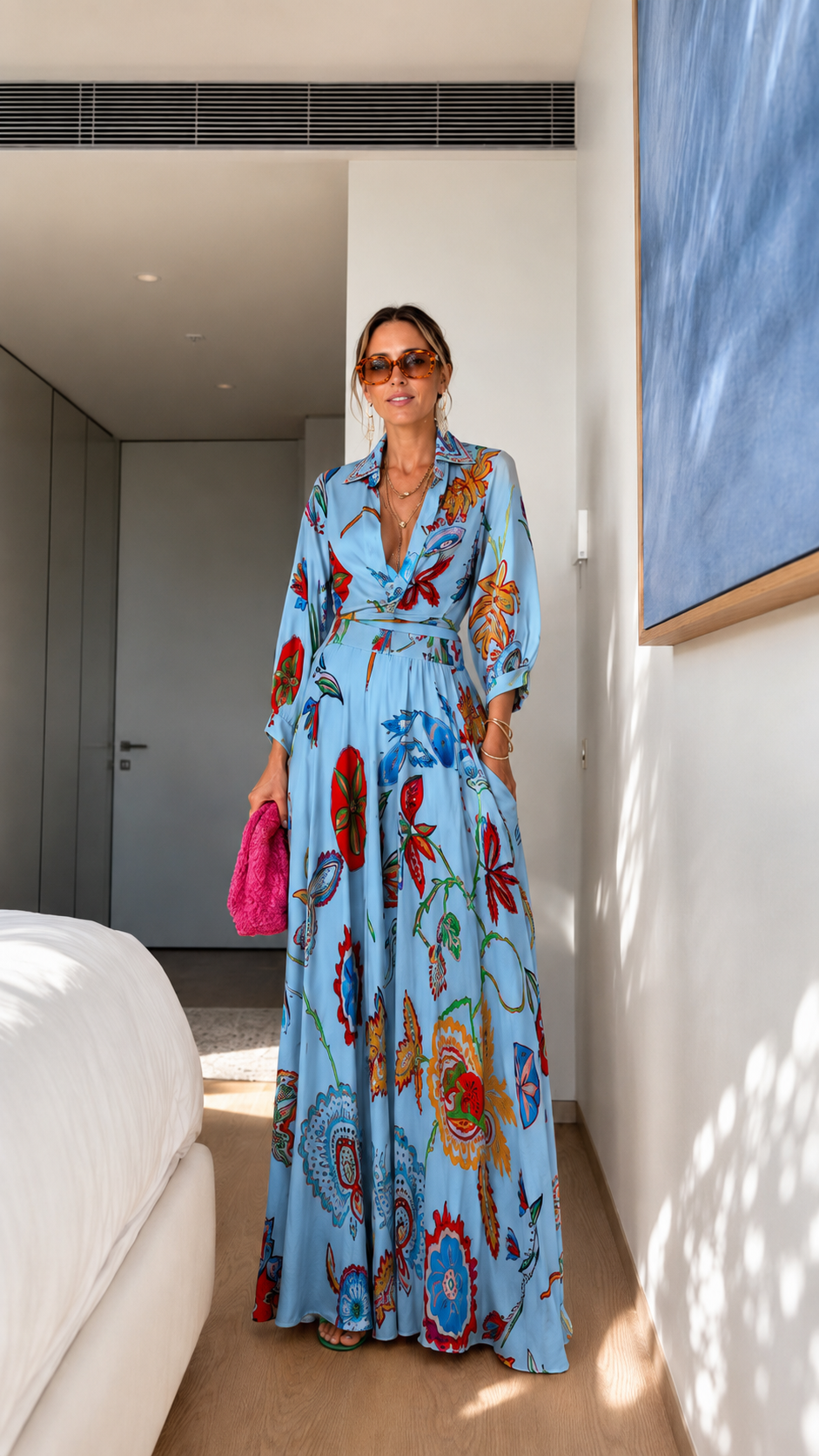 Front view of sky blue printed belted maxi dress with long sleeves