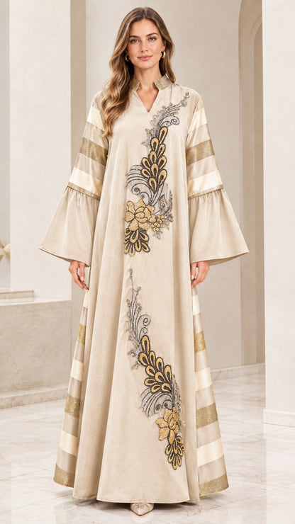 Full-length front view of champagne beige modest embroidered maxi dress