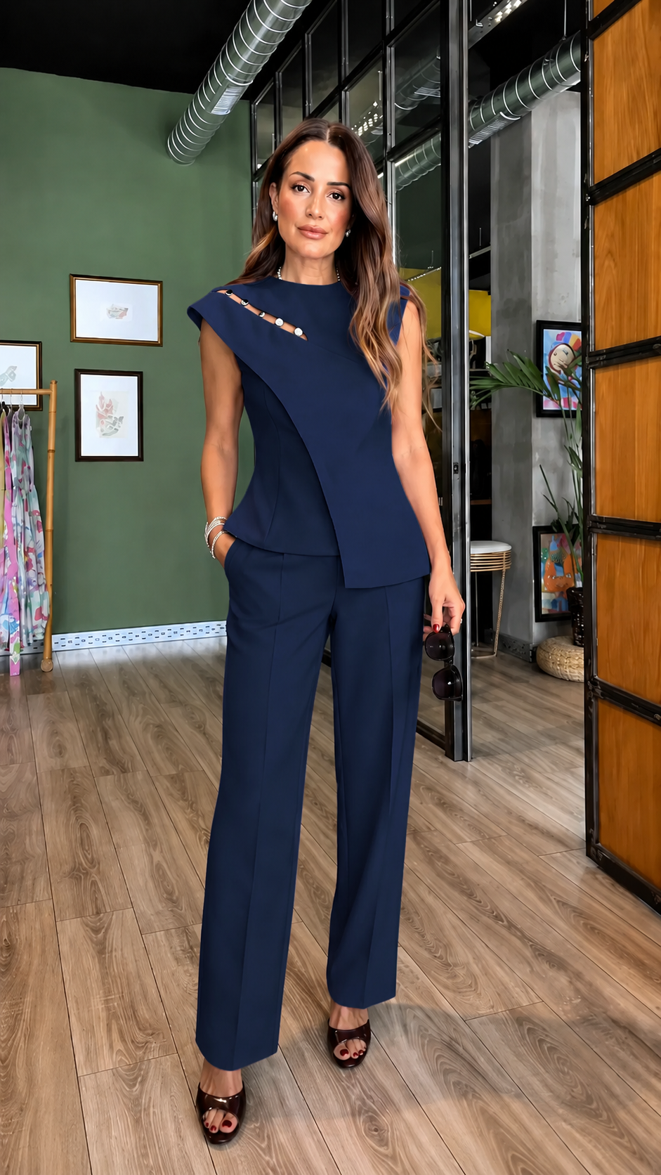Front view of navy asymmetric cap sleeve top and wide leg pants set