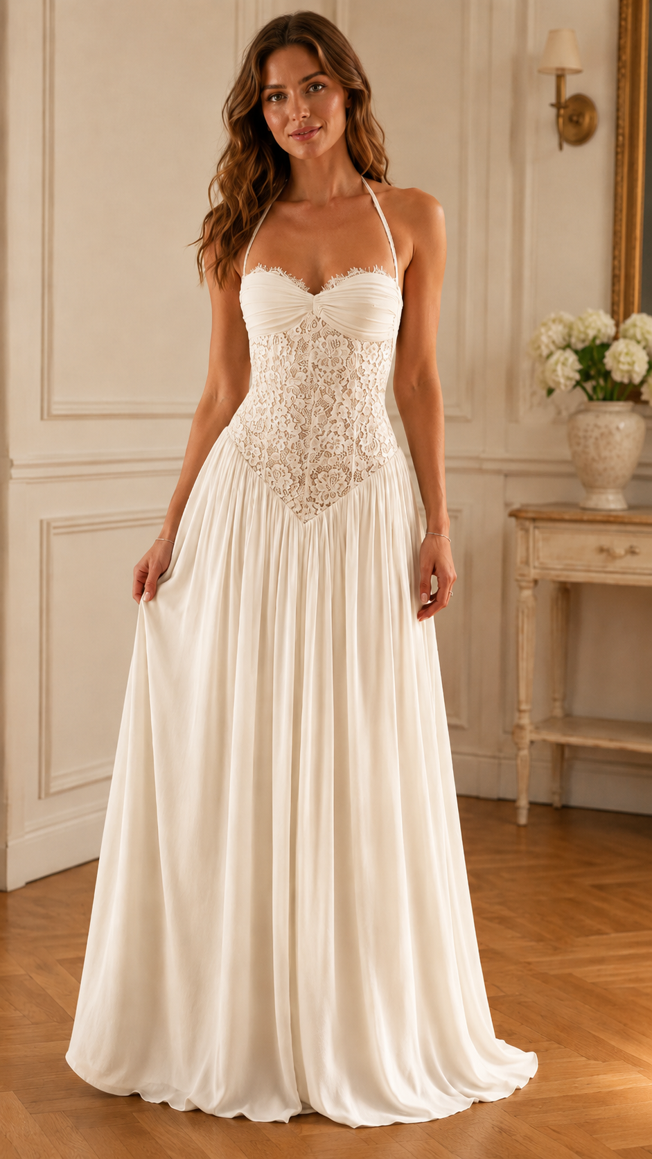 Front view of ivory halter maxi dress with textured bodice and fluid hem