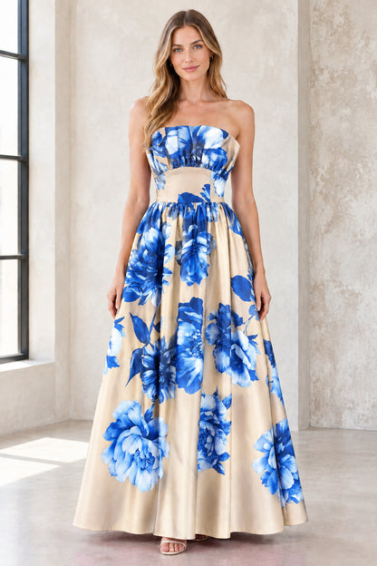 Full-length view of champagne beige strapless floral satin maxi gown