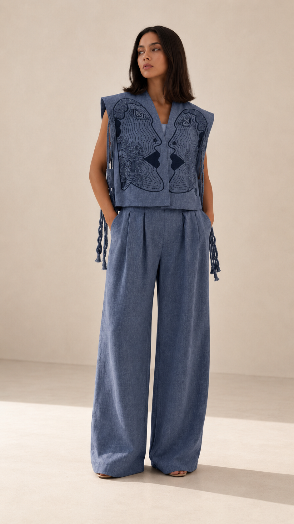 Slate blue embroidered sleeveless vest and wide leg pants set