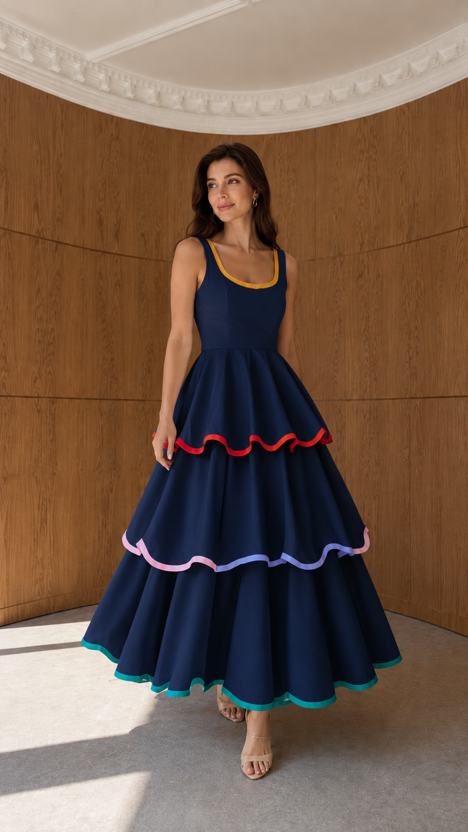 Front view of navy tiered sleeveless maxi dress with colorful trim