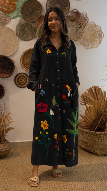 Black embroidered floral shirt maxi dress with colorful front embroidery
