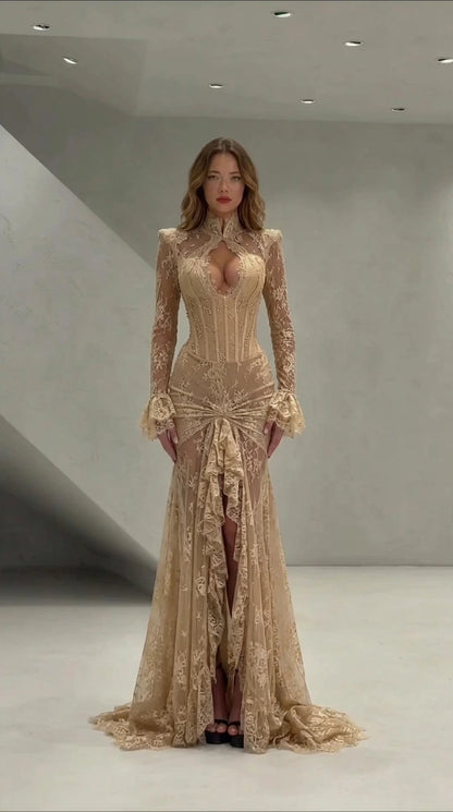 Front view of champagne gold lace long sleeve formal dress with train