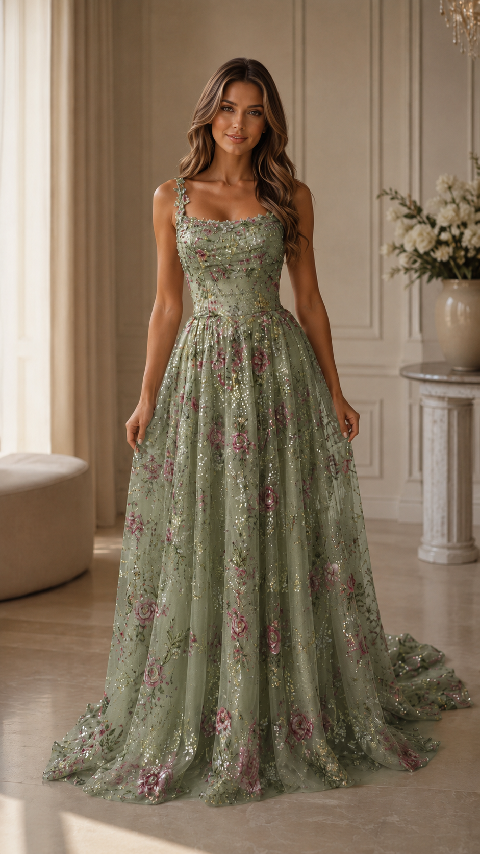 Sage green floral glitter ball gown maxi dress front view