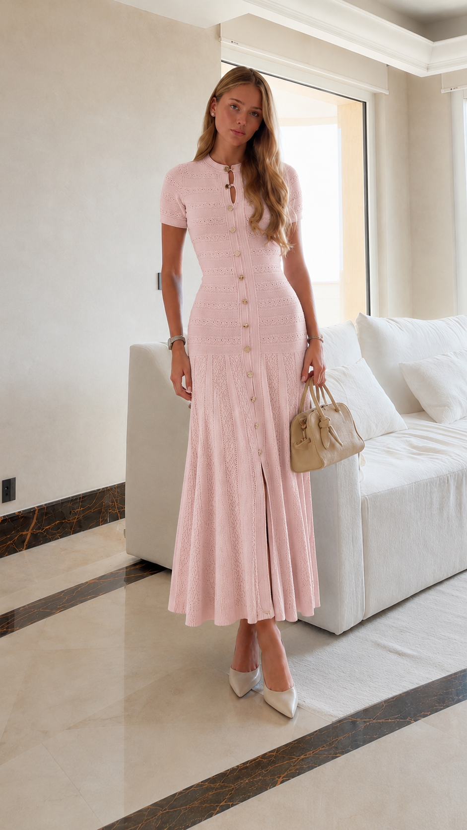 Button Front Knit Maxi Dress with Flared Hem