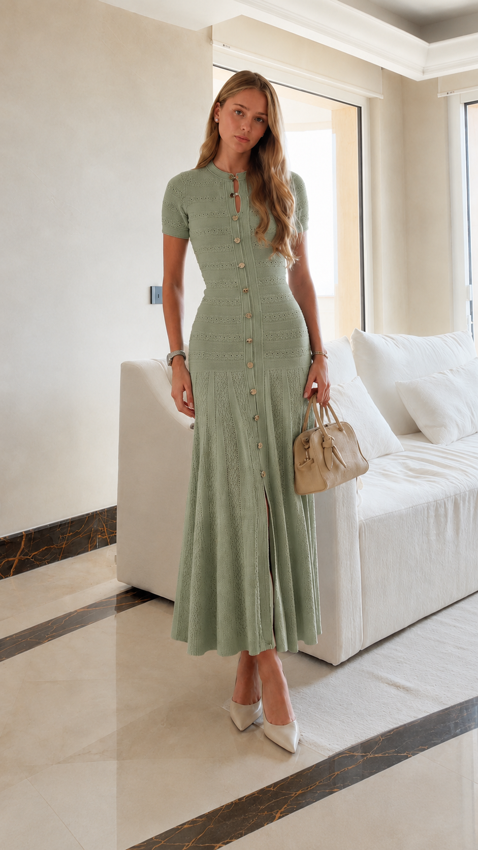 Button Front Knit Maxi Dress with Flared Hem