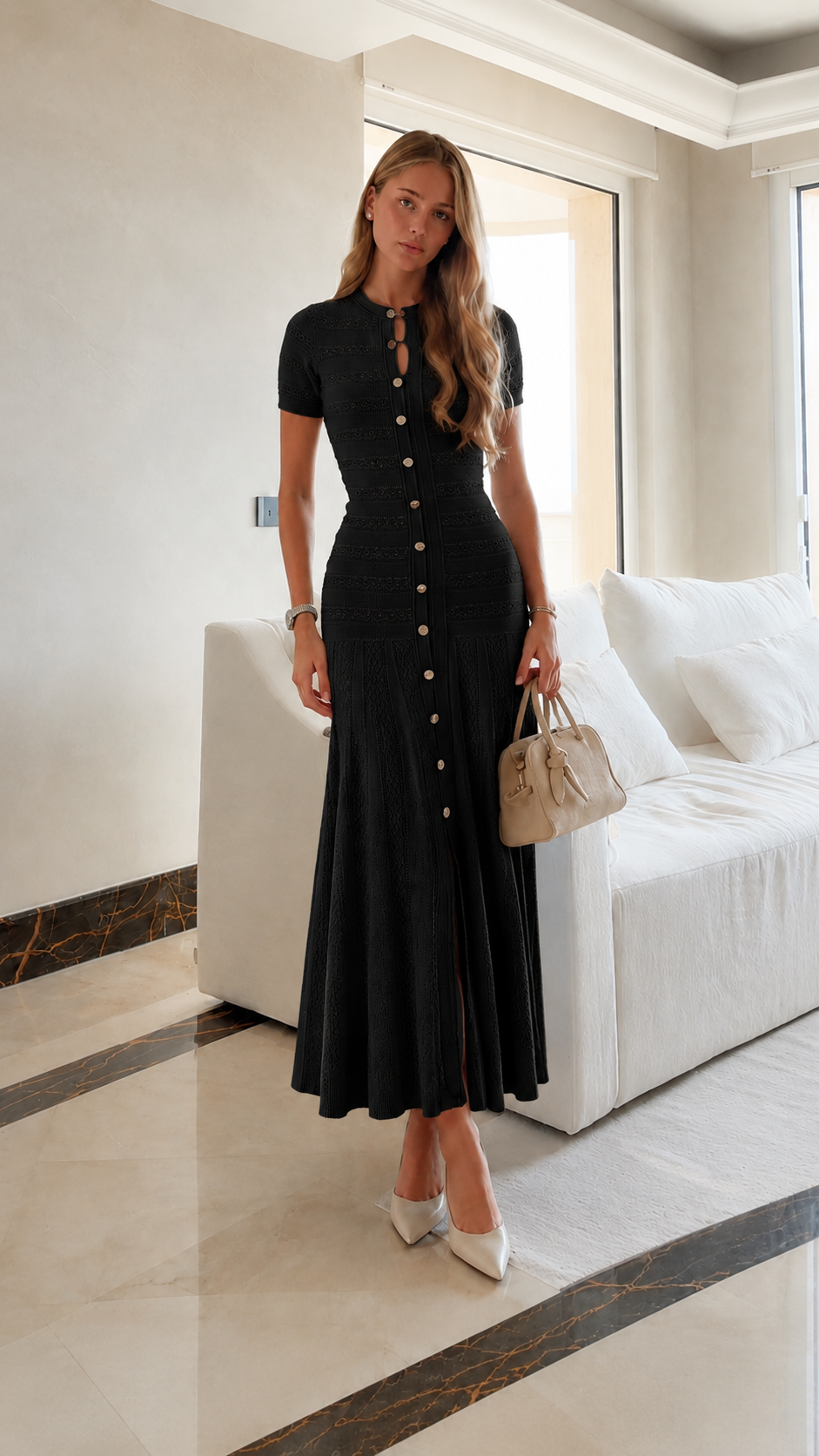 Button Front Knit Maxi Dress with Flared Hem
